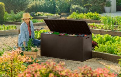 Coffre de jardin résine effet rotin tressé 270 L, l.118 x H.57 x P.45 cm, marron, Keter Emily