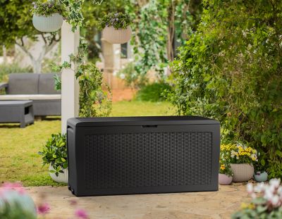 Coffre de jardin résine effet rotin tressé 270 litres, l.117 x H.57 x P.45 cm, anthracite, Keter Samoa