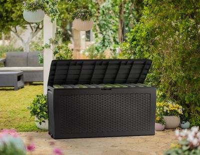 Coffre de jardin résine effet rotin tressé 270 litres, l.117 x H.57 x P.45 cm, anthracite, Keter Samoa
