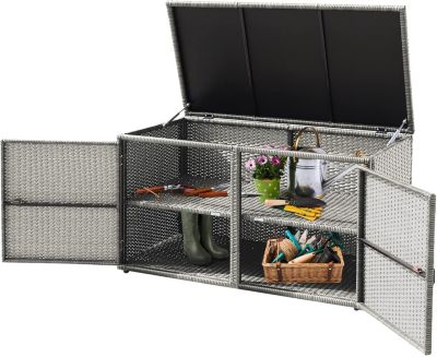 Coffre de Rangement en Rotin PE avec 2 étagères Boîte de Rangement avec Couvercle à Charnière et 2 Portes Gris