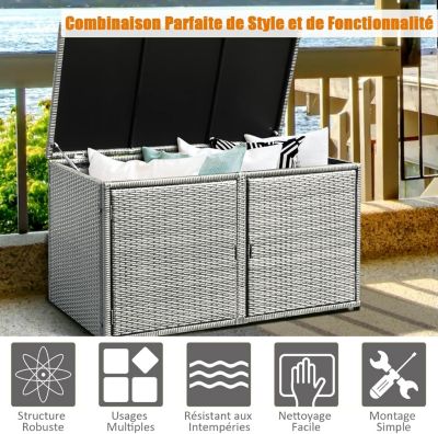 Coffre de Rangement en Rotin PE avec 2 étagères Boîte de Rangement avec Couvercle à Charnière et 2 Portes Gris