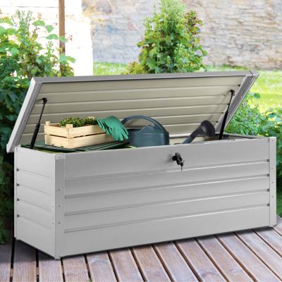 Coffre de rangement métal verrouillable gris clair pour jardin 600L 165x70x63 cm