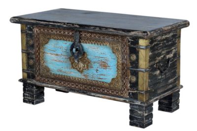 Coffre en bois de manguier noir vieilli avec détails bleus