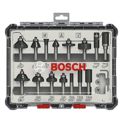 Coffret de 15 fraises mixtes à queue 8 mm, plaquettes carbure, rangement transparent, compatible défonceuses portatives, BOSCH
