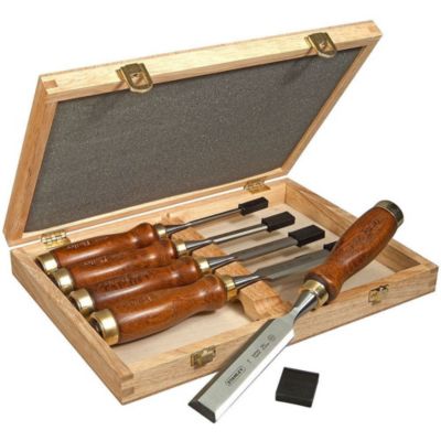 Coffret de 5 Ciseaux à Bois - Manche en bois Vernis - Lame en Acier Chromé - STANLEY, 2-16-217