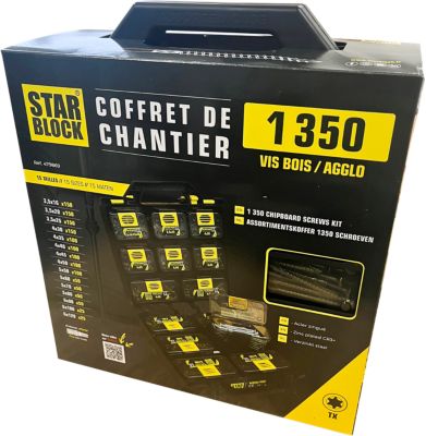 Coffret de chantier vis bois agglo/vis VBA Starblock (1350 vis acier zingué blanc à tête fraisée)