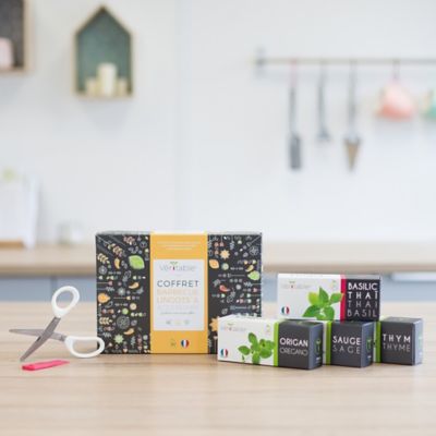 Coffret Lingot® pour potager d'intérieur Véritable® variété "Thym, Origan, Sauge et Basilic Thaï bio" plantation toute l'année