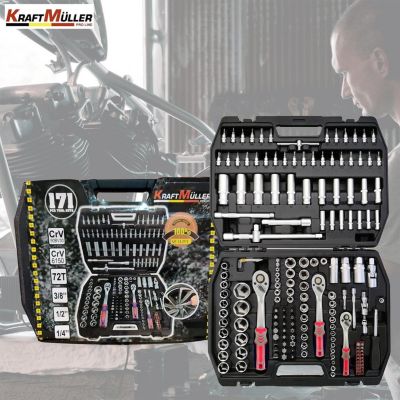 Coffret Outils Kraft Muller CRV 171 pièces Douilles, Cliquets, Jeu de 12 Clés à pipe 6 PANS de 8 à 19mm Chrome vanadium