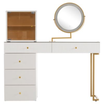 Coiffeuse 120 cm avec miroir éclairé 3 ambiances et plateau verre trempé, blanche bordure dorée, style moderne