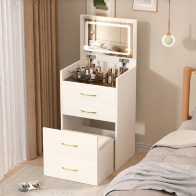Coiffeuse 3 en 1 avec miroir ouvert, plateau en verre transparent, 3 tiroirs, 60x118x40cm