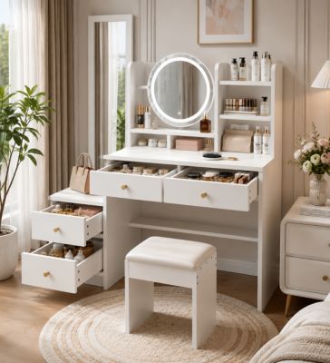 Coiffeuse 4-en-1 avec Miroir LED, Miroir Plein Pied, 4 Tiroirs et Tabouret Rembourré, panneau de particules 109x36x164 cm blanc
