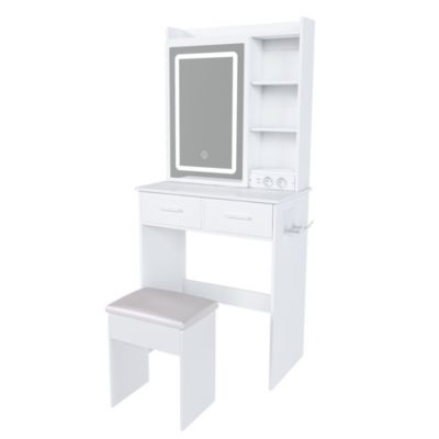 Coiffeuse 60x36x136 cm avec miroir LED réglable, prises USB intégrées et tiroirs, ensemble compact avec tabouret