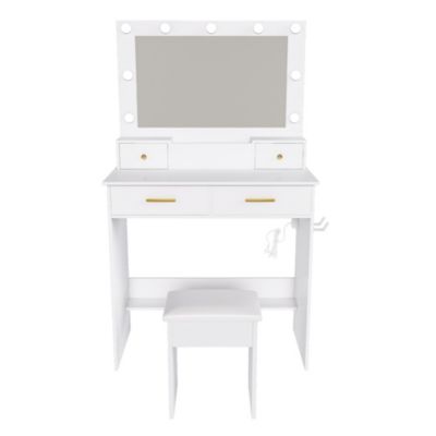 Coiffeuse 80 cm avec éclairage led 3 tons, prise intégrée, 4 tiroirs et tabouret blanc en MDF