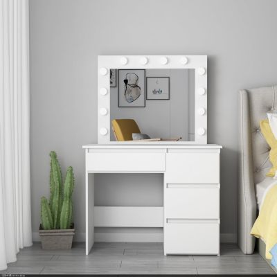Coiffeuse avec 4 tiroirs et miroir LED coloris blanc - H75 x L94 x P43 cm