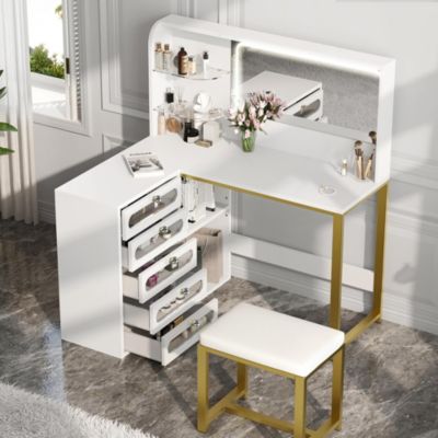 Coiffeuse avec grand miroir LED, tabouret, 6 tiroirs, étagères ouvertes, rangement dissimulé, design moderne, Blanc