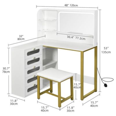 Coiffeuse avec grand miroir LED, tabouret, 6 tiroirs, étagères ouvertes, rangement dissimulé, design moderne, Blanc