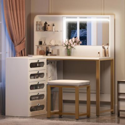 Coiffeuse avec grand miroir LED, tabouret, 6 tiroirs, étagères ouvertes, rangement dissimulé, design moderne, Blanc