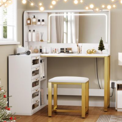 Coiffeuse avec grand miroir LED, tabouret, 6 tiroirs, étagères ouvertes, rangement dissimulé, design moderne, Blanc