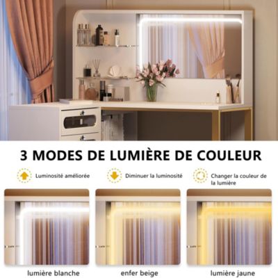 Coiffeuse avec grand miroir LED, tabouret, 6 tiroirs, étagères ouvertes, rangement dissimulé, design moderne, Blanc