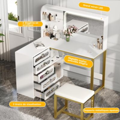 Coiffeuse avec grand miroir LED, tabouret, 6 tiroirs, étagères ouvertes, rangement dissimulé, design moderne, Blanc