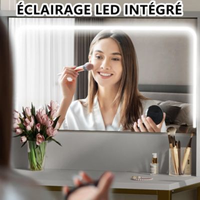 Coiffeuse avec grand miroir LED, tabouret, 6 tiroirs, étagères ouvertes, rangement dissimulé, design moderne, Blanc