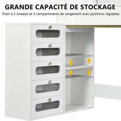 Coiffeuse avec grand miroir LED, tabouret, 6 tiroirs, étagères ouvertes, rangement dissimulé, design moderne, Blanc