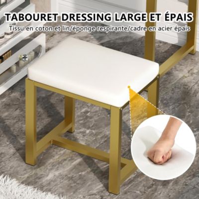 Coiffeuse avec grand miroir LED, tabouret, 6 tiroirs, étagères ouvertes, rangement dissimulé, design moderne, Blanc