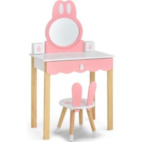 Coiffeuse avec Miroir Amovible Table de Maquillage avec Tiroir et 2 Boîtes Coiffeuse en Forme de Lapin avec Tabouret