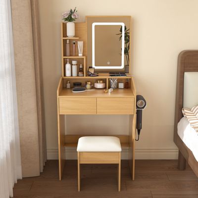 Coiffeuse avec miroir à éclairage LED, prise électrique, support pour sèche cheveux et tabouret rembourré, Table compacte en bois