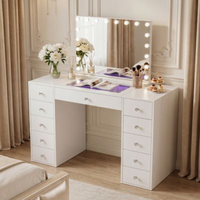 Coiffeuse avec Miroir à Éclairage LED RGB Dimmable Blanc 130cm 11 Tiroirs Miroir 80x 58 cm