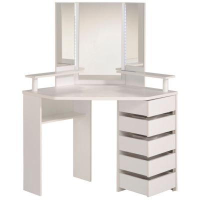 Coiffeuse avec miroir, éclairage intégré, étagère, 5 tiroirs blanc Volage