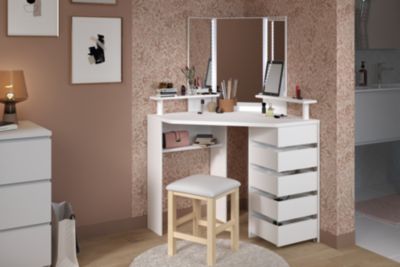 Coiffeuse avec miroir, éclairage intégré, étagère, 5 tiroirs blanc Volage