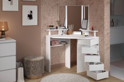 Coiffeuse avec miroir, éclairage intégré, étagère, 5 tiroirs blanc Volage