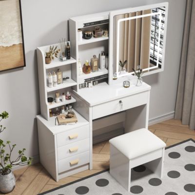 Coiffeuse avec miroir et éclairage,tabouret inclus,85x130x36cm,blanc,éclairage réglable 3 couleurs,4 tiroirs