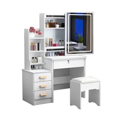 Coiffeuse avec miroir et éclairage,tabouret inclus,85x130x36cm,blanc,éclairage réglable 3 couleurs,4 tiroirs