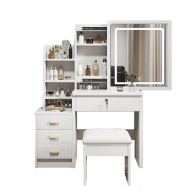 Coiffeuse avec miroir et éclairage,tabouret inclus,85x130x36cm,blanc,éclairage réglable 3 couleurs,4 tiroirs