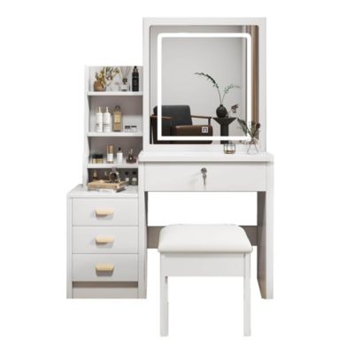 Coiffeuse avec miroir et éclairage,tabouret inclus,85x130x36cm,blanc,éclairage réglable 3 couleurs,4 tiroirs