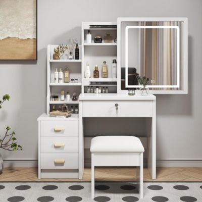 Coiffeuse avec miroir et éclairage,tabouret inclus,85x130x36cm,blanc,éclairage réglable 3 couleurs,4 tiroirs