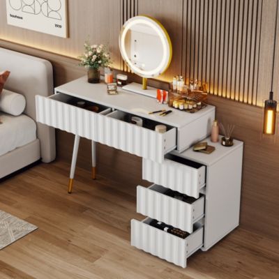 Coiffeuse avec Miroir LED et 5 Tiroirs, Espace de Rangement pour Cosmétiques, 100x40x127 cm, Blanc
