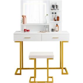 Coiffeuse avec Miroir à LED Lumineux Tabouret Rembourré Stockage Multiple Blanc Pieds en Métal