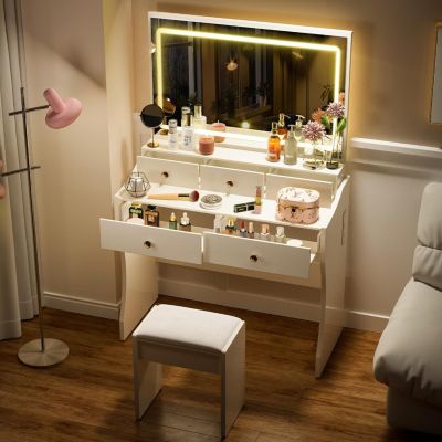 Coiffeuse avec Miroir LED à Luminosité Réglable, Coiffeuse avec Miroir et Prise avec Banc, 5 Tiroirs et 2 Compartiments, Blanc