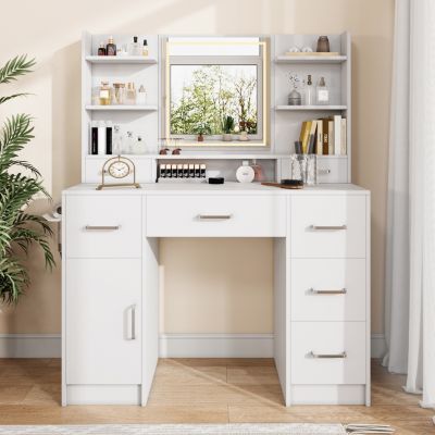 Coiffeuse avec Miroir LED Réglable, 2 Tiroirs + 2 Portes, Prise EU et Support Sèche-Cheveux,110 x 40 x 140 cm, Blanc