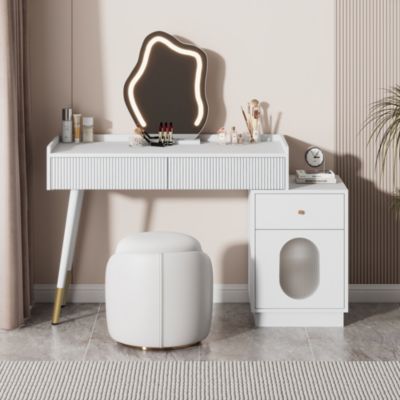 Coiffeuse avec Miroir LED - Table de Maquillage Moderne avec 3 Tiroirs et 1 Porte - Panneau de Particules - Blanc - 100x40x124 cm