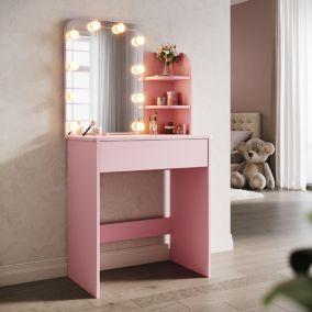 Coiffeuse avec Miroir SIRHONA Rose 70x40x140cm Table de Maquillage + Grands Tiroirs + Nombres étagères + 10 Lampe