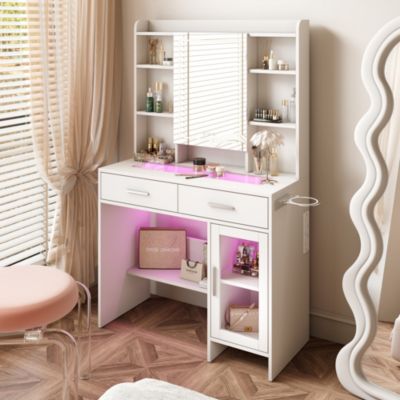 Coiffeuse avec plateau en verre trempé, prise électrique intégrée et support sèche-cheveux, Table de maquillage moderne