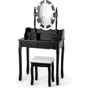 Coiffeuse avec Tabouret et Miroir Amovible Lumière LED 3 Couleurs Table de Maquillage 2 en 1 avec 4 Tiroirs Noir