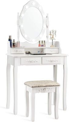 Coiffeuse avec Tabouret et Miroir Rotatif Amovible 10 Lumières LED Table de Maquillage 2 en 1 avec 4 Tiroirs et étagère Blanc