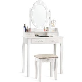 Coiffeuse avec Tabouret et Miroir Rotatif Amovible 10 Lumières LED Table de Maquillage 2 en 1 avec 4 Tiroirs et étagère Blanc