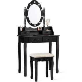 Coiffeuse avec Tabouret et Miroir Rotatif Amovible 10 Lumières LED Table de Maquillage 2 en 1 avec 4 Tiroirs et étagère Noir