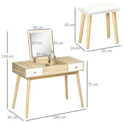 Coiffeuse avec tabouret style scandinave - 2 tiroirs, compartiment porte miroir -  panneaux aspect chêne clair blanc